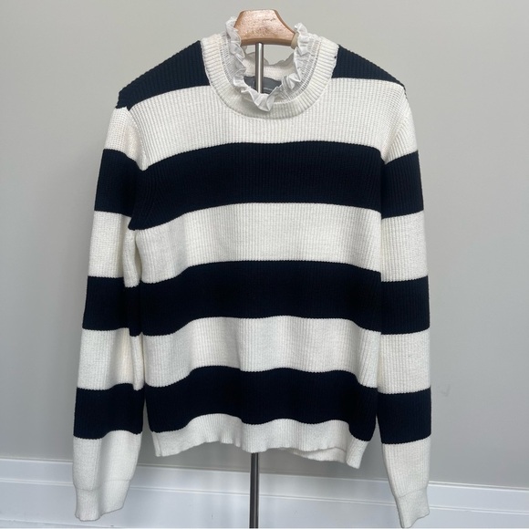 Anthropologie | Black White Striped Ruffle Collar Sweater Contemporary Coquette - Picture 3 of 7